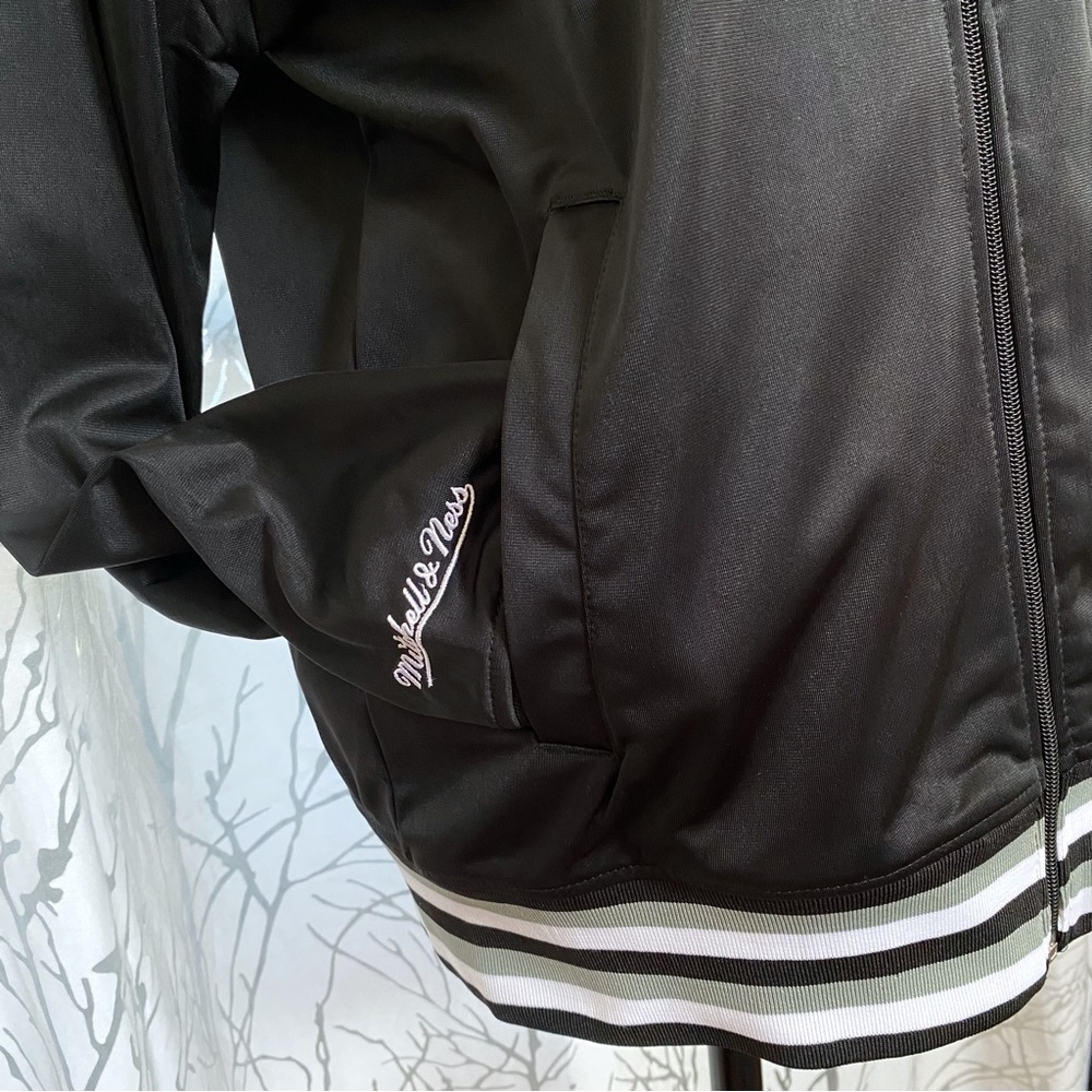 Mitchell & Ness LA black satin white gray stripe zip zipper bomber jacket coat - Picture 6 of 11